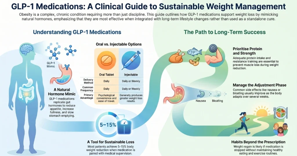 Infographic explaining GLP-1 medication for sustainable weight management, including how GLP-1 medications work, oral vs injectable options, common side effects, protein intake, exercise, and long-term lifestyle support for weight loss.