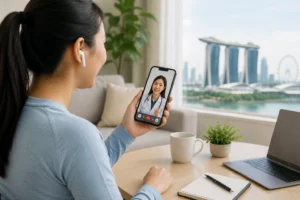 Woman in Singapore attending an online telemedicine consultation with a female doctor via smartphone at home