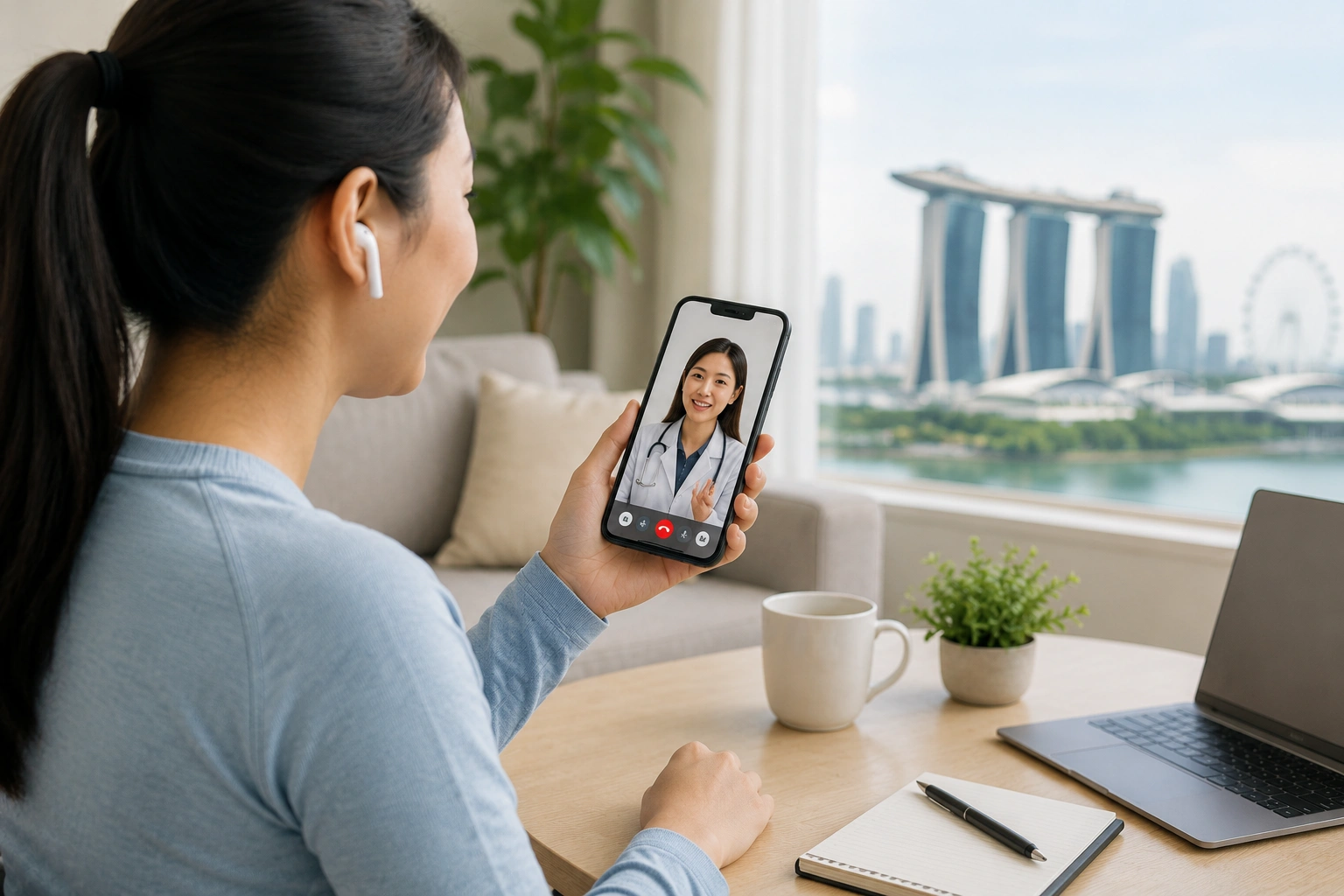 Woman in Singapore attending an online telemedicine consultation with a female doctor via smartphone at home