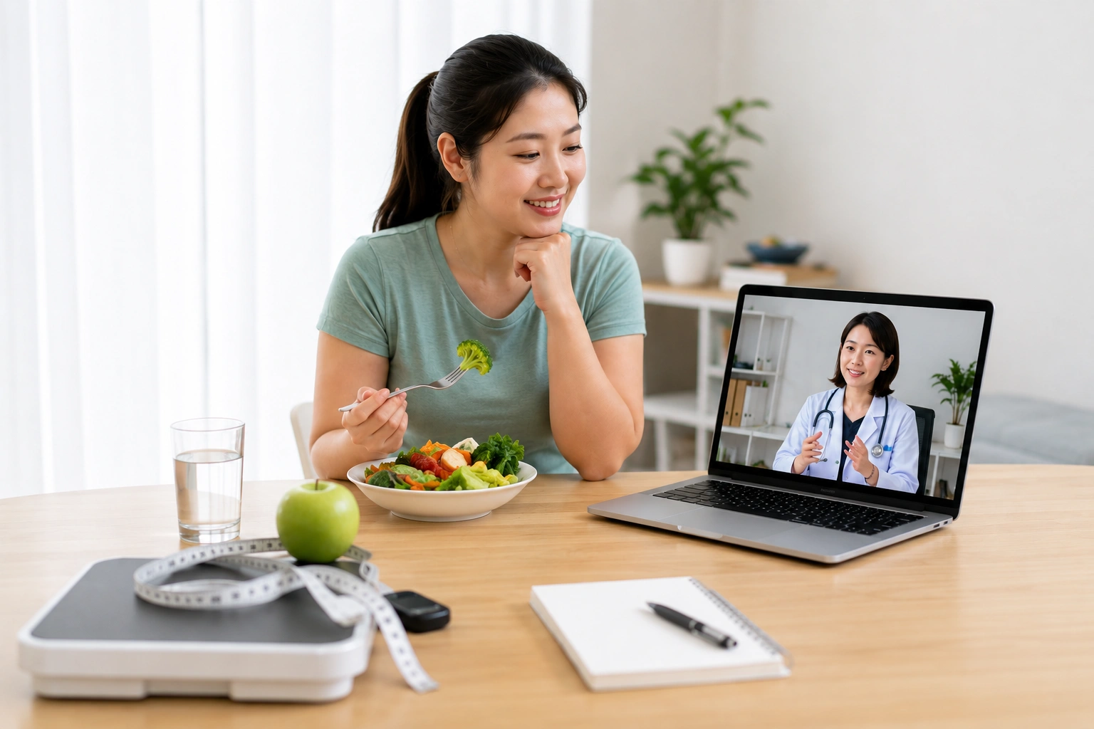 Asian woman in online consultation with doctor on her weight loss journey at home