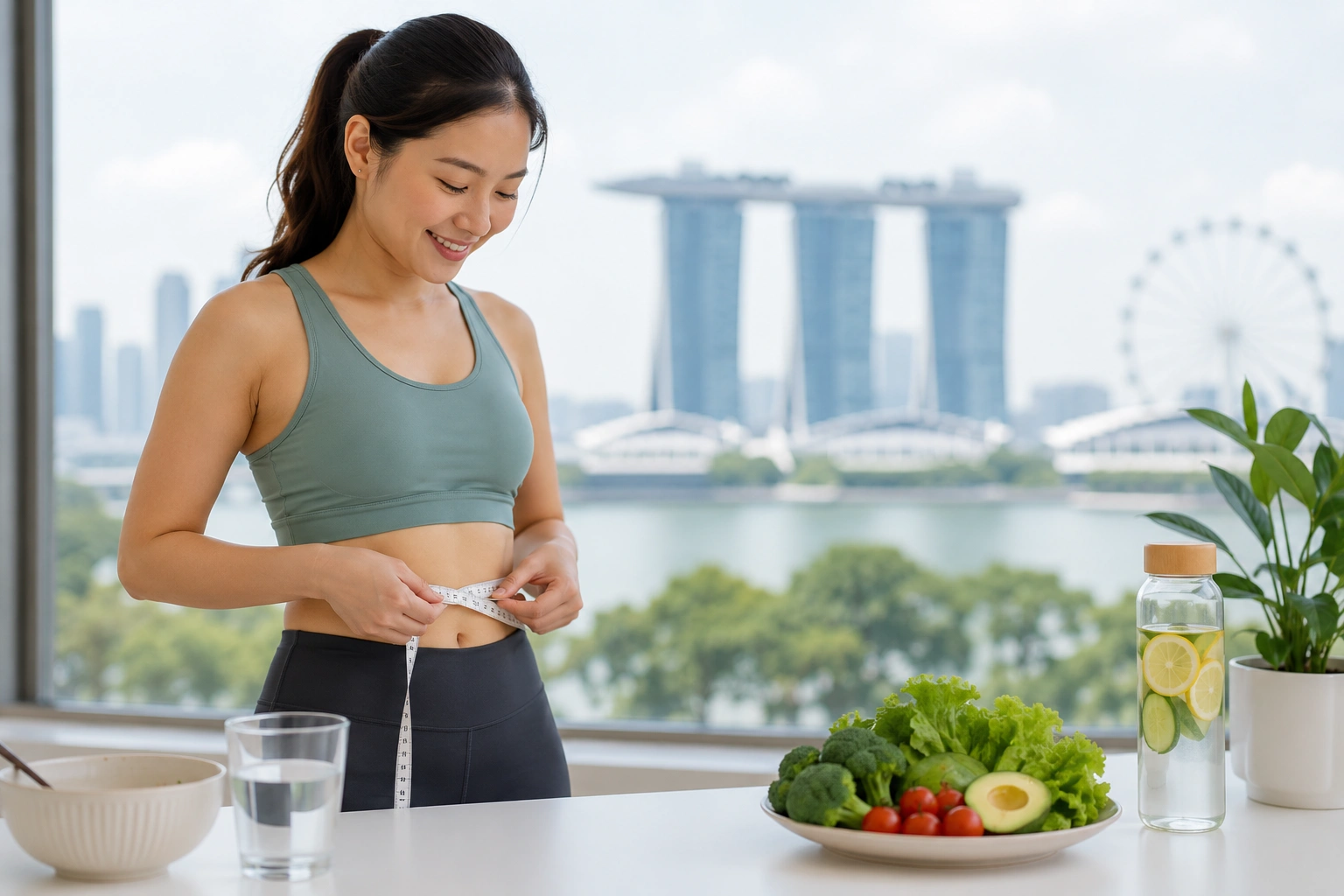 Asian woman measuring her waist while preparing healthy food in a modern Singapore apartment, representing healthy lifestyle habits and weight management journey.