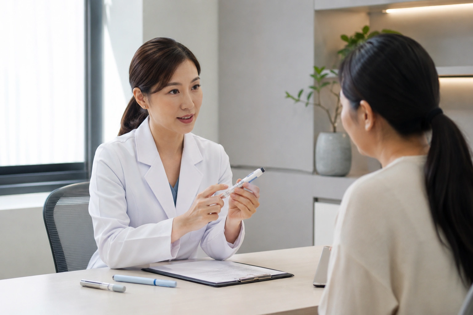 Asian female doctor explaining GLP-1 medication treatment to a patient during a medical consultation in a modern Singapore telehealth clinic setting.