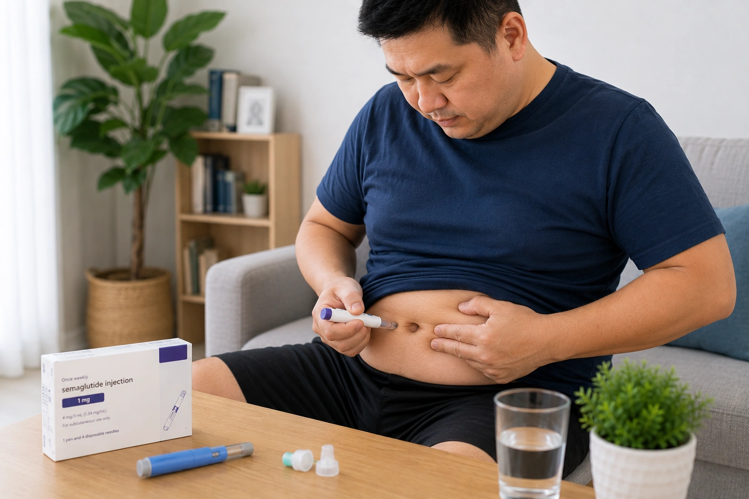 Asian man with obesity administering weight loss medication injection at home