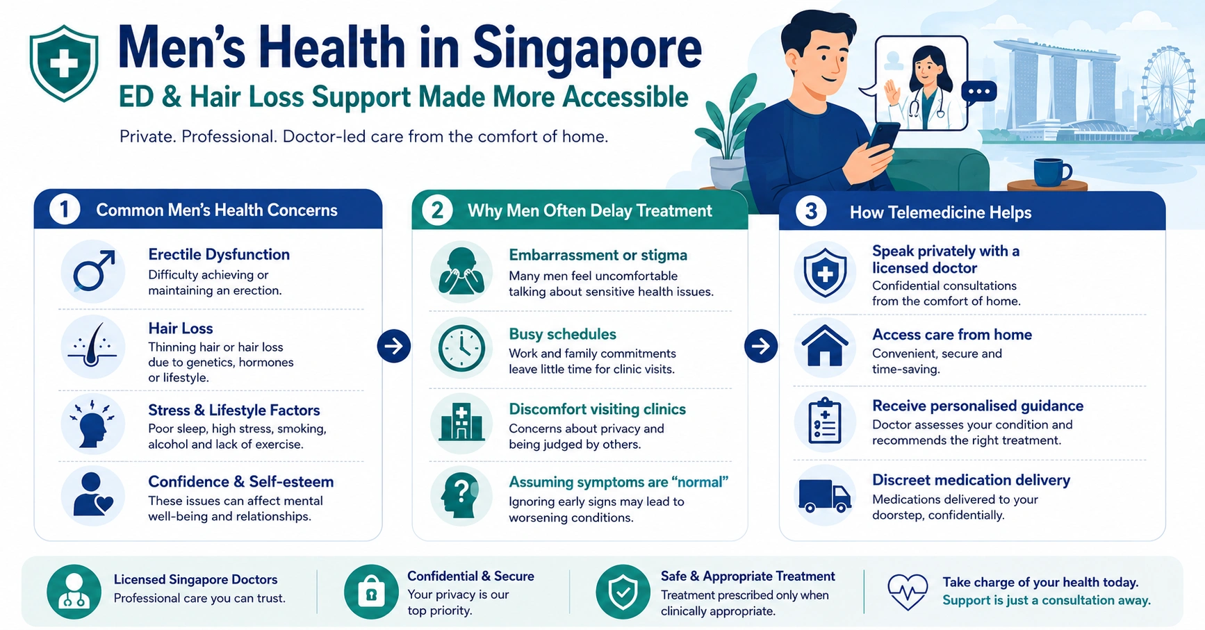 Infographic about men’s health in Singapore covering erectile dysfunction, hair loss, and discreet online telemedicine support