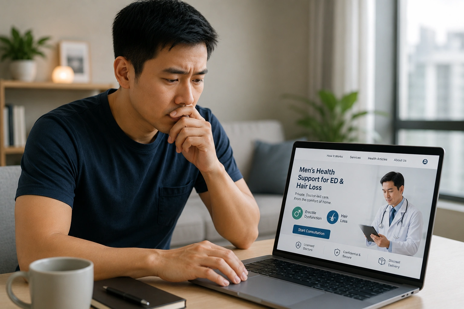 Concerned Asian man browsing an online men’s health telemedicine website for erectile dysfunction and hair loss support at home