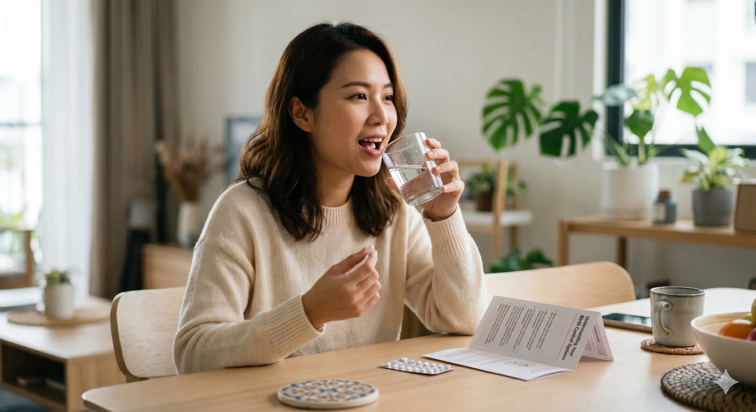 An Asian woman taking a birth control pill with a glass of water, representing modern women's health and contraceptive care.