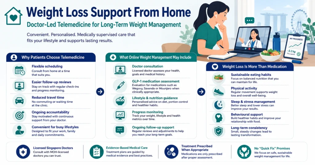 Infographic about online weight loss consultation in Singapore, including telemedicine support, GLP-1 assessment, and long-term weight management