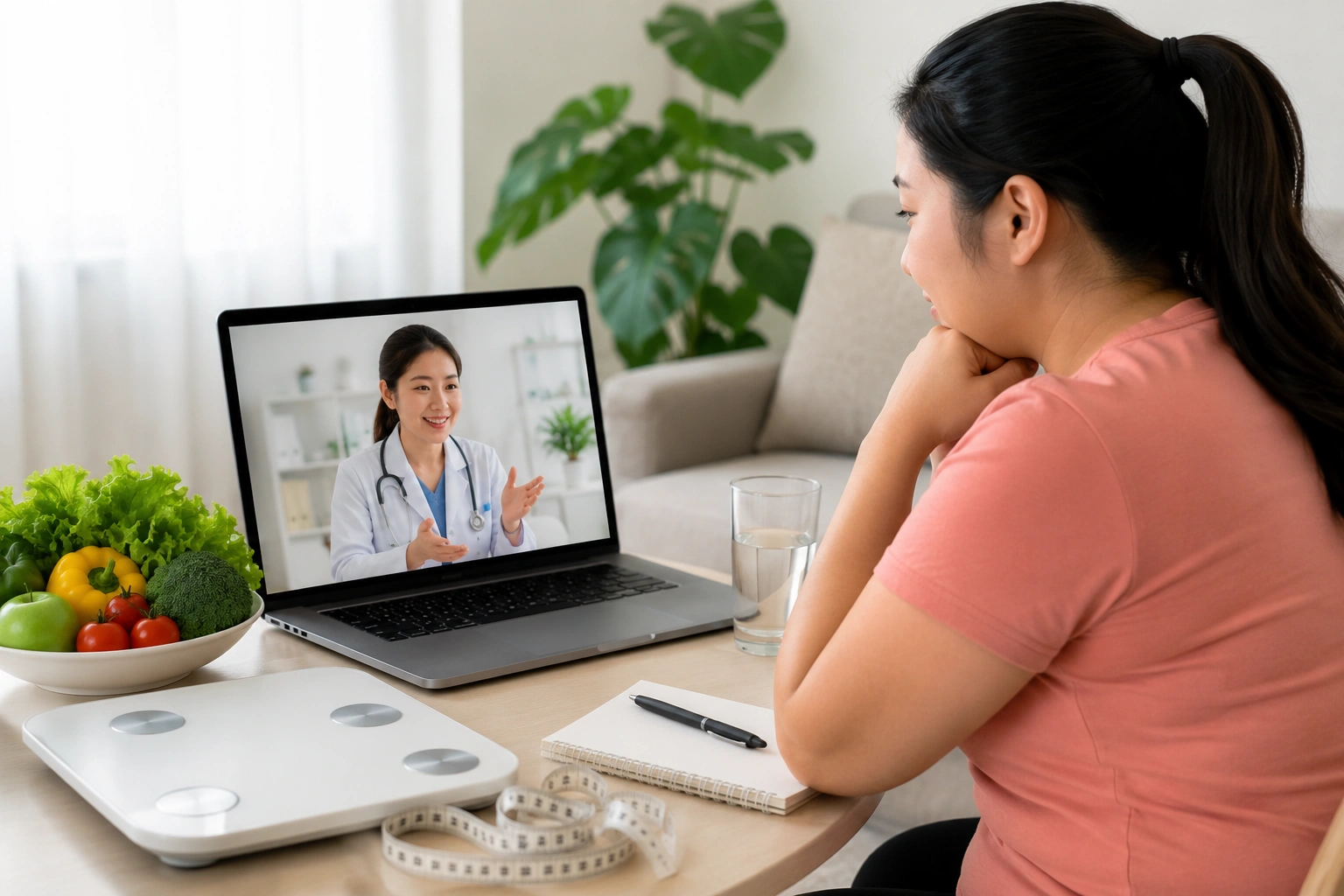 Asian women listening to online weight loss consultation at home