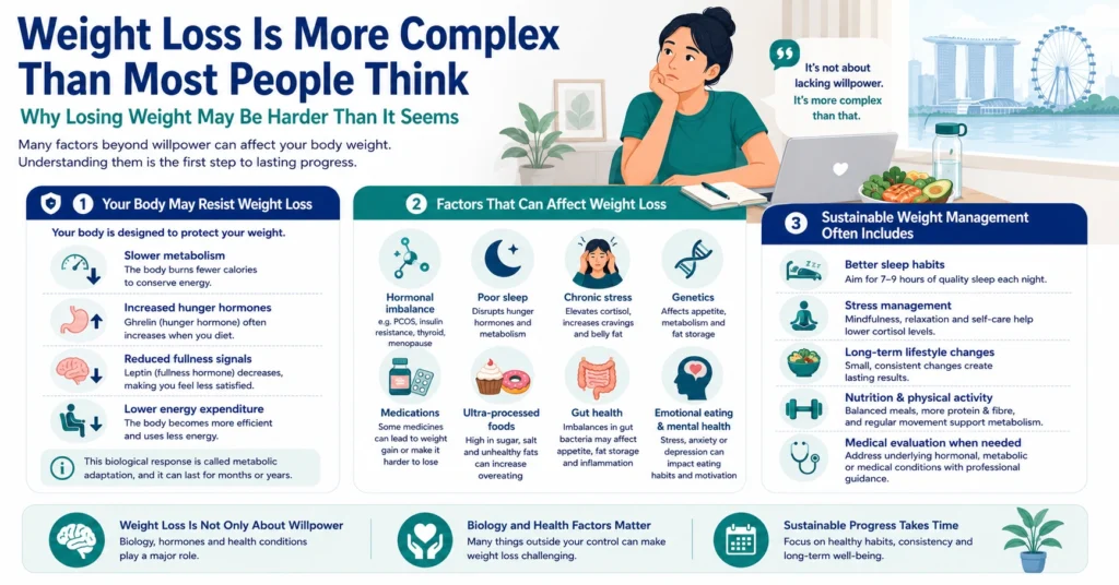Infographic explaining biological, hormonal, lifestyle, and medical factors that can make weight loss difficult
