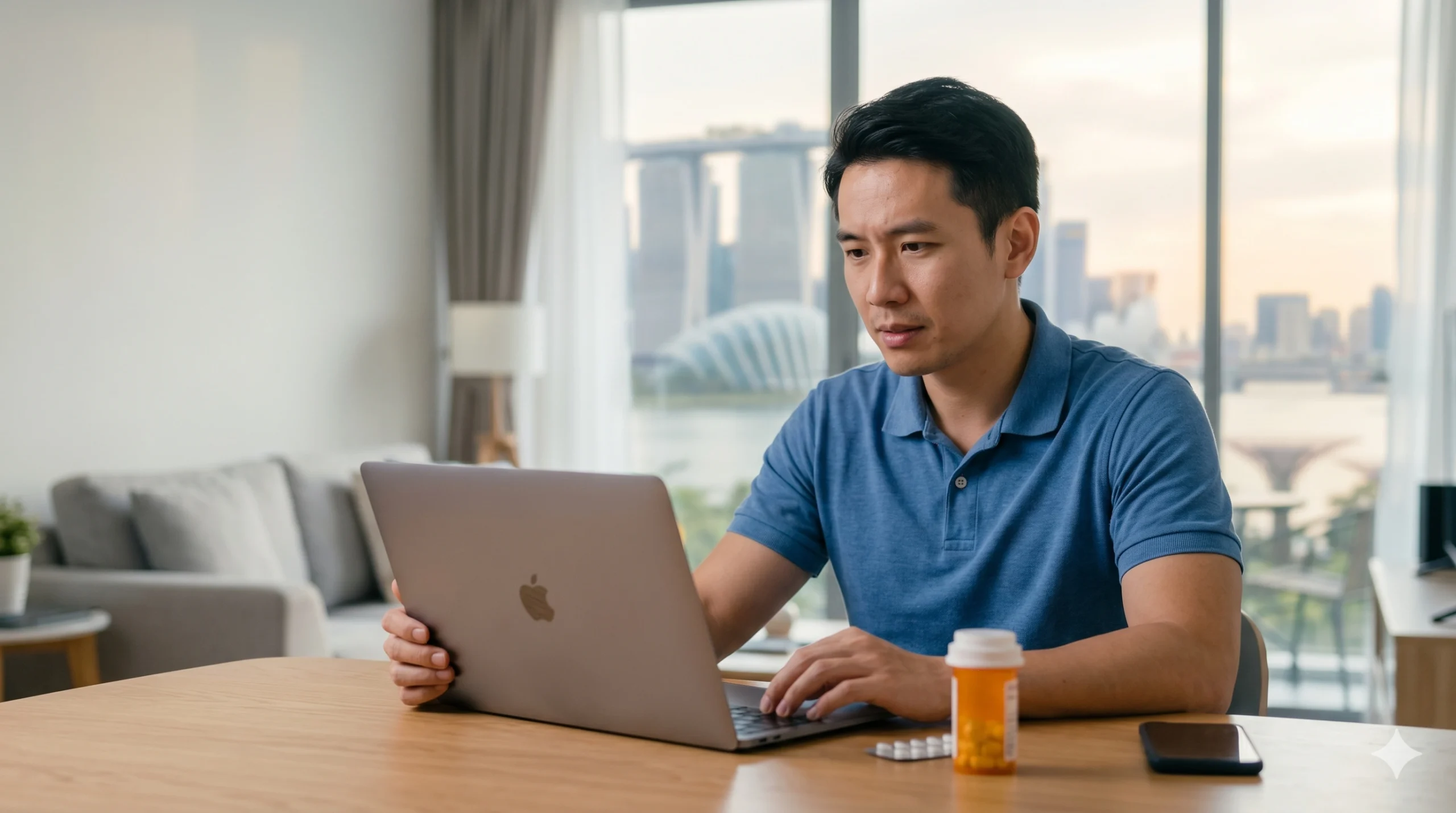 A Singaporean man in his mid-30s consulting with an online doctor via laptop to discuss erectile dysfunction medication options, with a prescription bottle on the table and the Singapore Marina Bay skyline visible through the window.