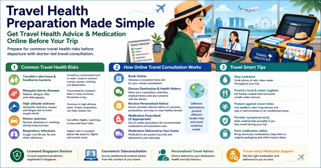 Infographic explaining travel health advice, common travel risks, and online travel medicine consultation in Singapore