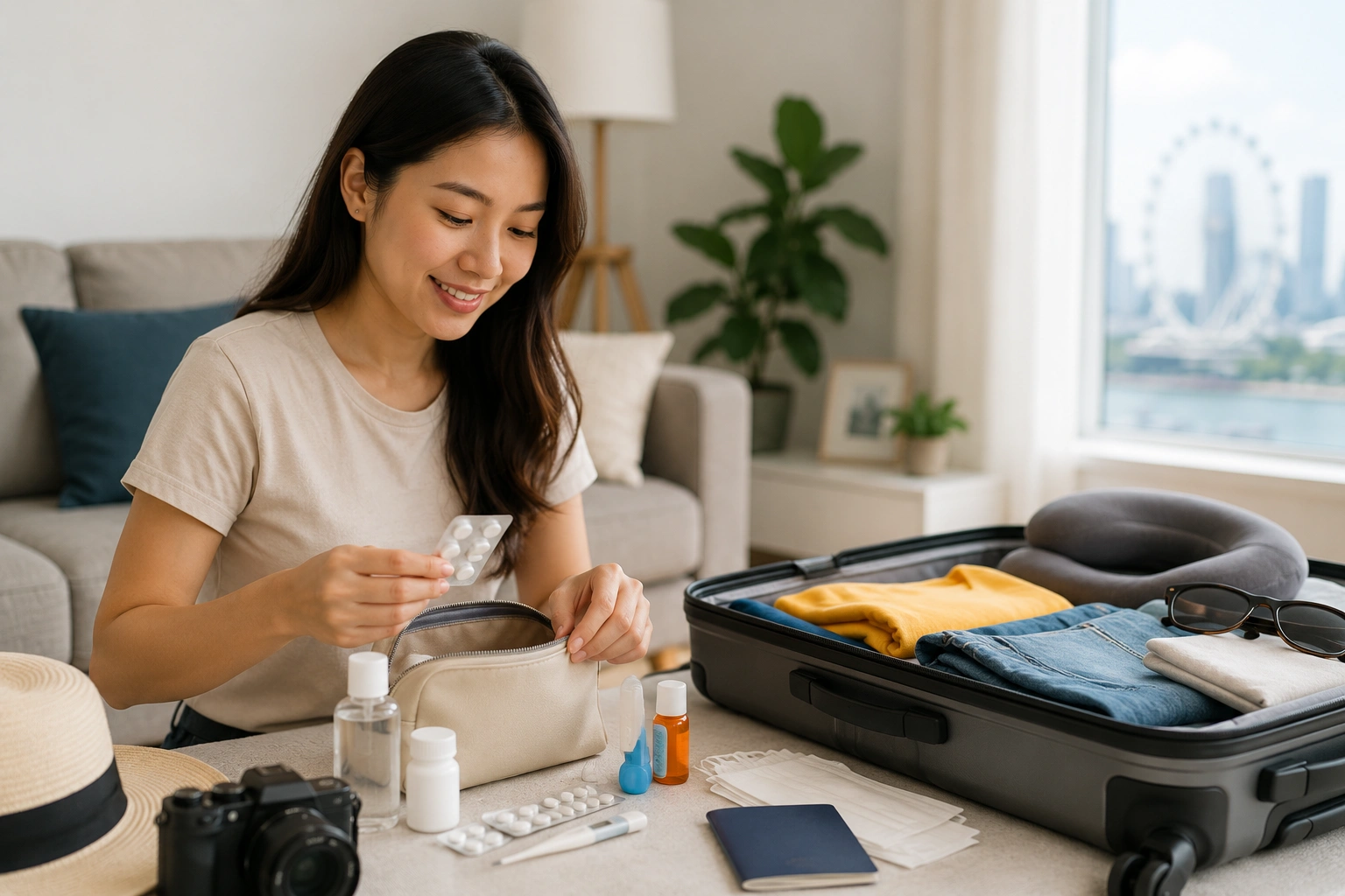 Traveller organising medication and health supplies before overseas travel as part of travel medicine Singapore preparation.