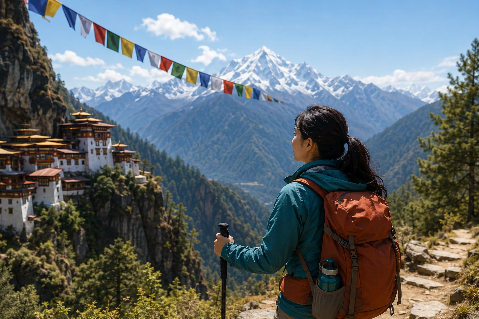 Altitude sickness prevention during high-altitude travel in Bhutan with a traveller hiking through mountain terrain.