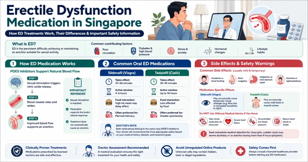 Erectile dysfunction medication infographic showing how ED treatments work, common side effects, and key safety information