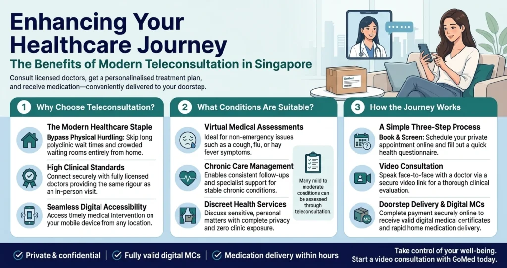 An infographic titled 'Enhancing Your Healthcare Journey: The Benefits of Modern Teleconsultation in Singapore' designed in teal and navy blue branding. The top header shows an illustration of a woman on her sofa having a secure video consultation on her phone with a doctor, next to a GoMed delivery box. The main body contains three numbered sections explaining the modern healthcare staple, suitable medical conditions for virtual assessments, and a simple three-step process from booking to doorstep medication delivery. The bottom banner outlines trust badges for valid digital MCs and private, confidential care.