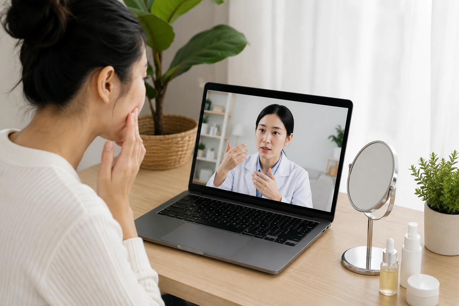 Singaporean women in an online skin treatment consultation with a doctor via video call explaining her symptoms to the doctor.