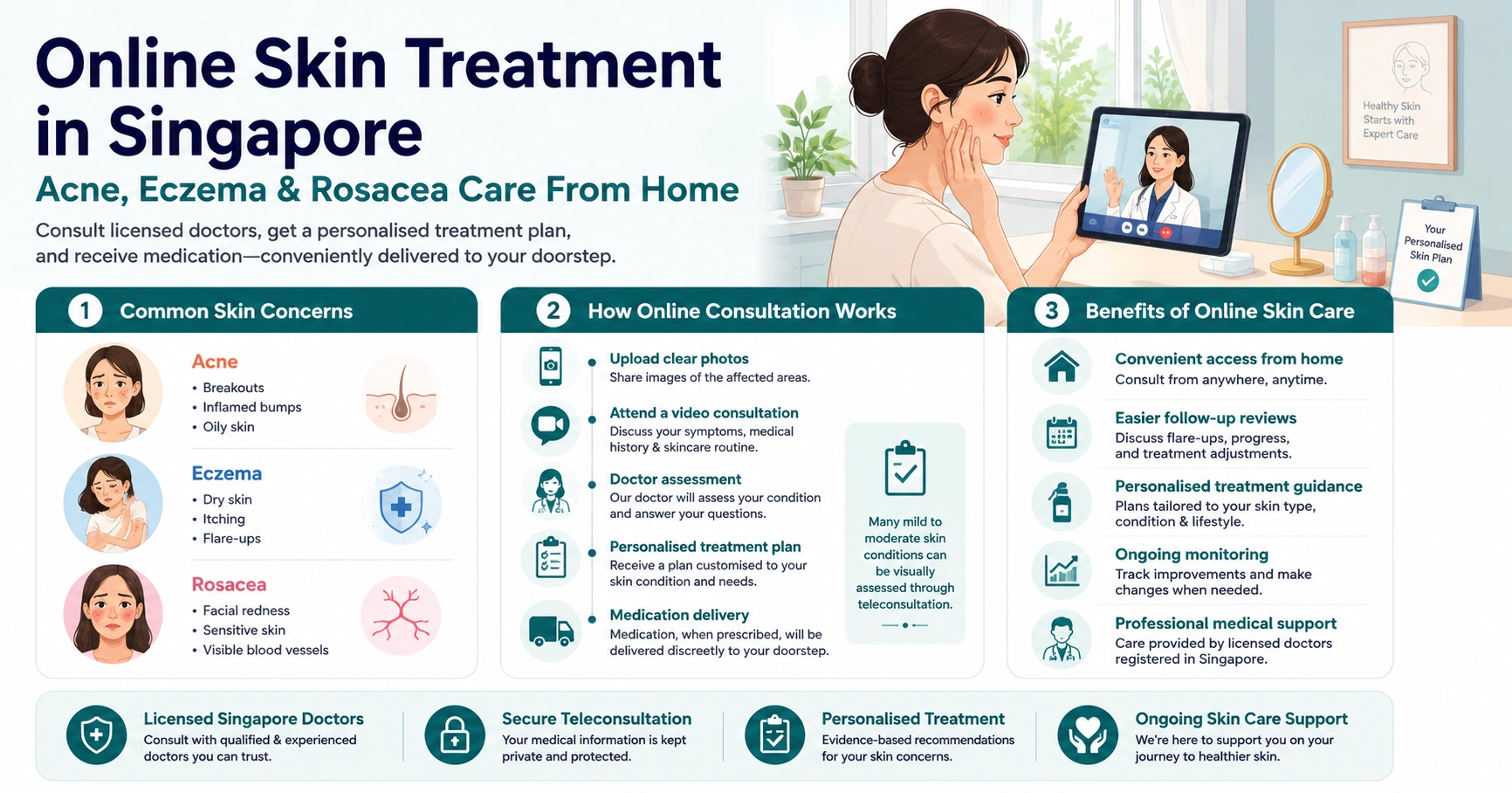 Infographic explaining online skin treatment in Singapore for acne, eczema, and rosacea through teleconsultation.
