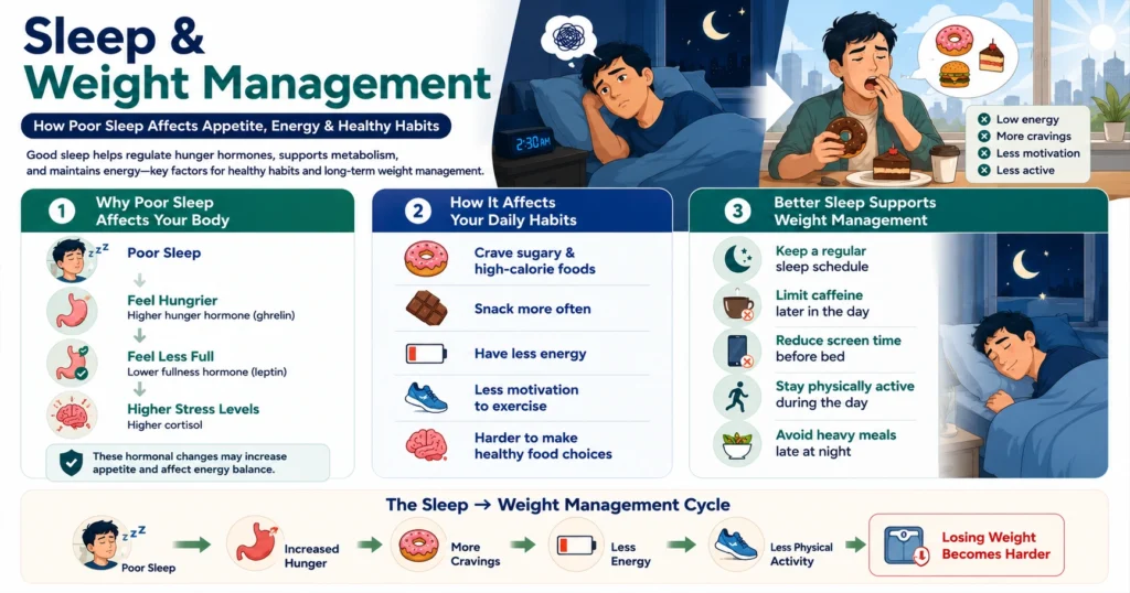 Infographic explaining the relationship between sleep, hunger hormones, food cravings, energy levels, and healthy weight management