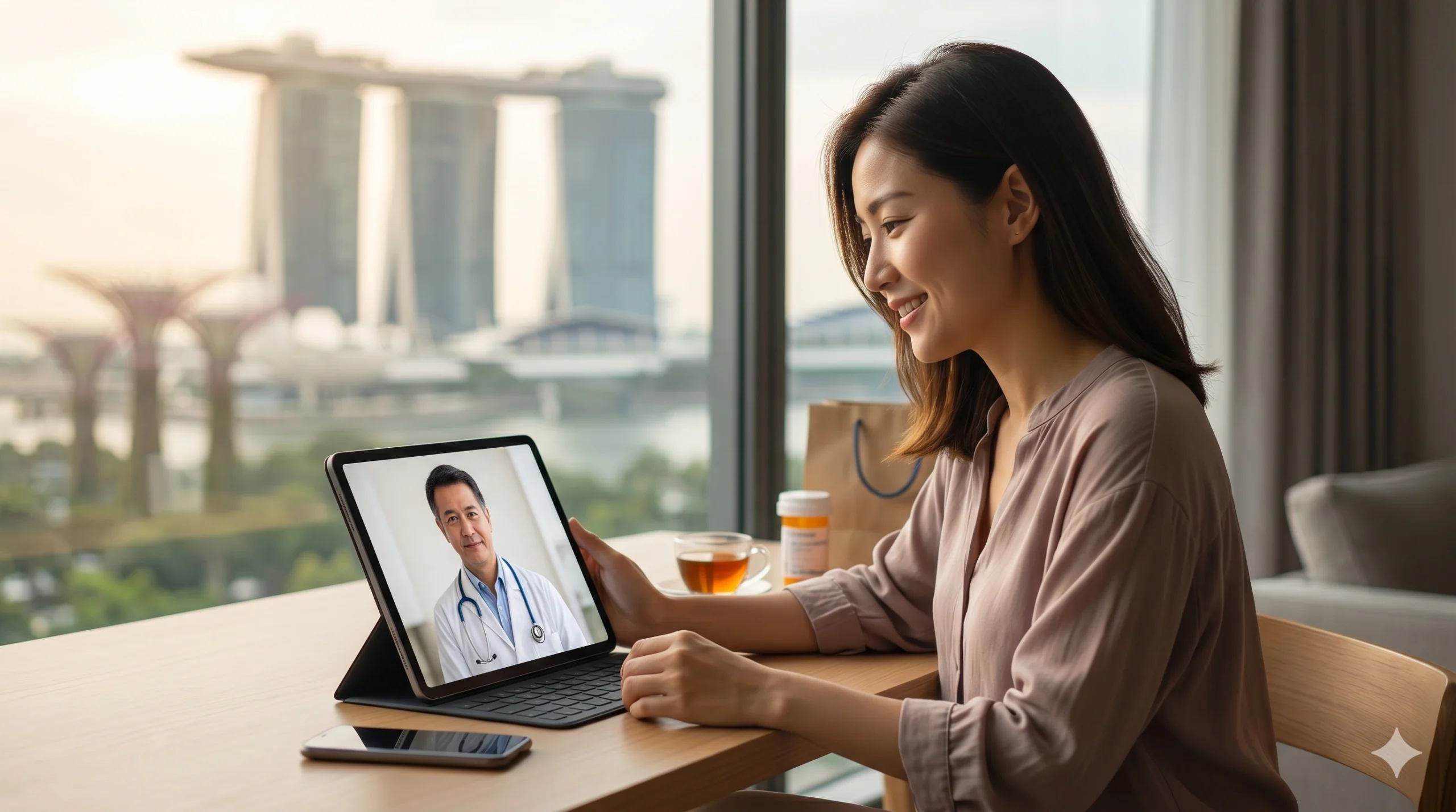 A woman in a modern apartment comfortably engaging in a teleconsultation in Singapore service on her tablet with a licensed doctor, featuring medicine delivery packages on the table and the iconic Marina Bay Sands skyline visible through the window.