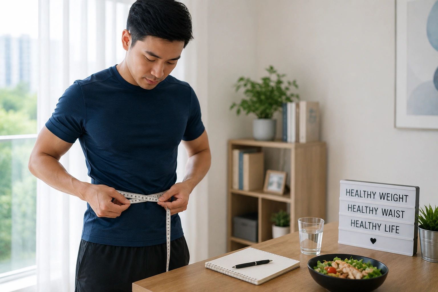 Asian man using a measuring tape around his waist to understand BMI vs Waist Circumference and obesity-related health risks.