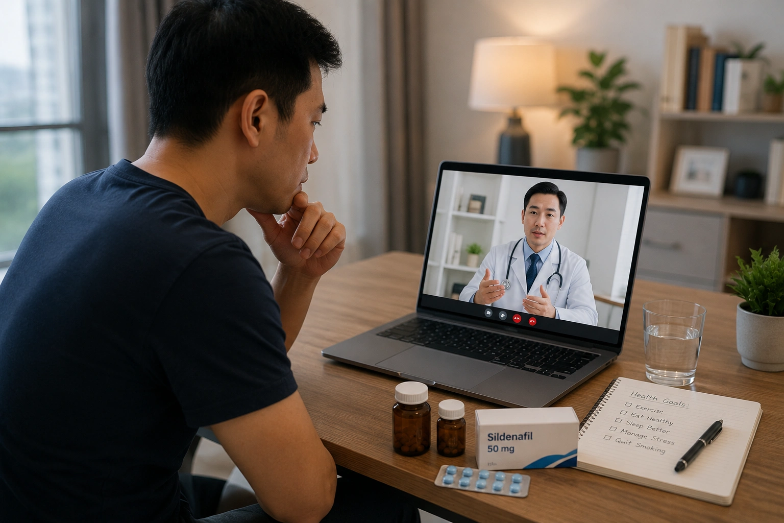 Asian man attending a confidential online doctor consultation for erectile dysfunction treatment from home with prescribed medication on the table.