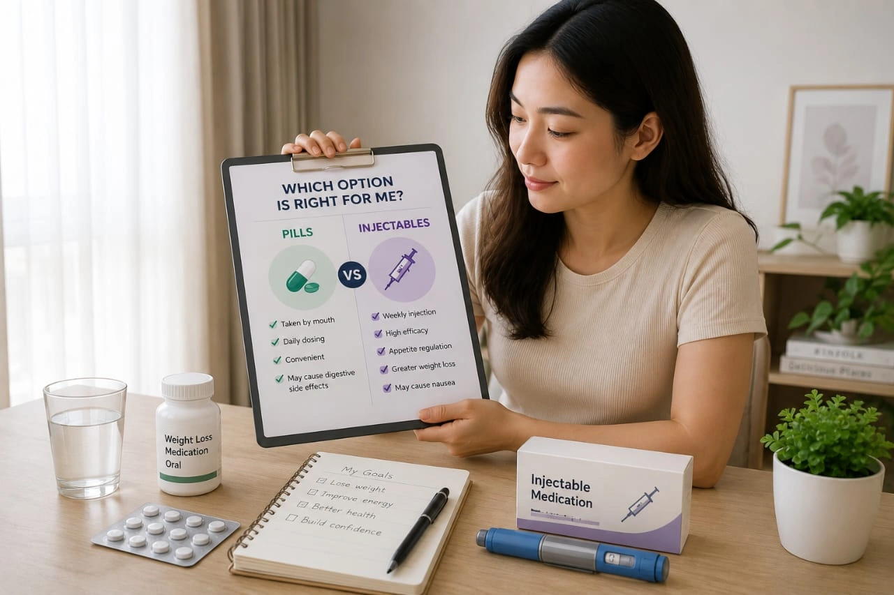 Asian woman comparing oral pills and injectable weight loss medication at home to understand treatment options for medically supervised weight management.