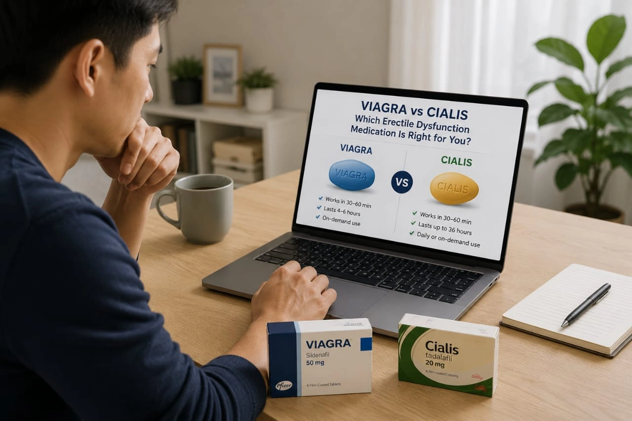Asian man comparing Viagra and Cialis for Erectile Dysfunction Medication while researching medication options from home before an online doctor consultation.