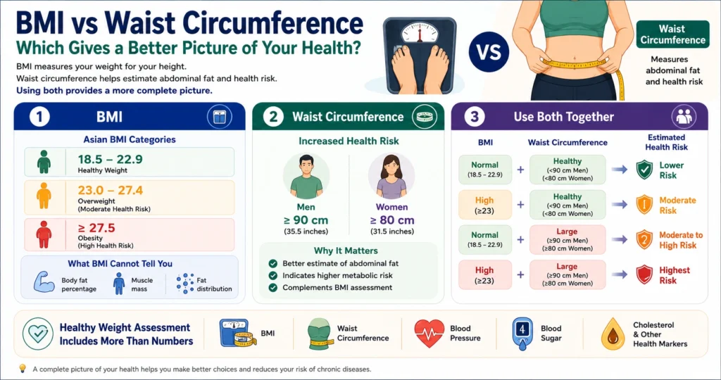 Infographic comparing BMI and waist circumference, showing Asian BMI categories, healthy waist measurements, and why using both provides a better assessment of health risk.