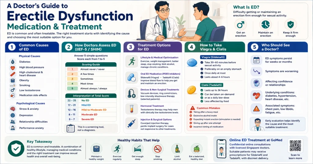 Infographic explaining erectile dysfunction medication and treatment options, including common causes, doctor assessment, oral medications, lifestyle changes, and when to seek medical advice.