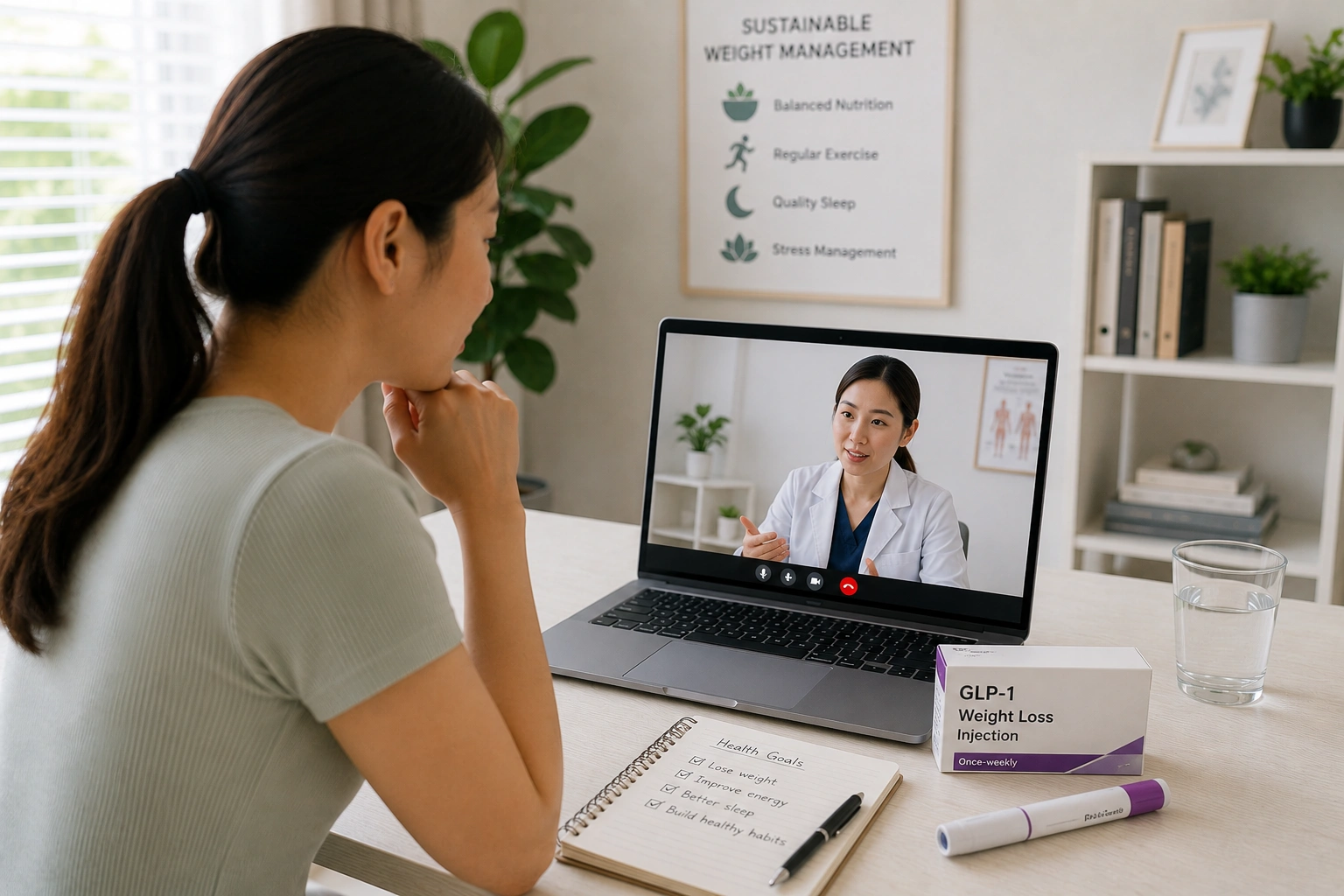 Asian woman attending an online doctor consultation about GLP-1 weight loss medication with a prescription weight management injection on the table.