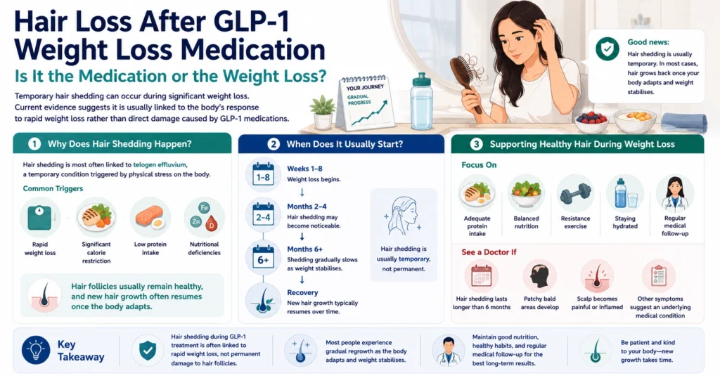 Hair loss after GLP-1 weight loss medication infographic showing the causes, recovery timeline, and tips to support healthy hair growth.