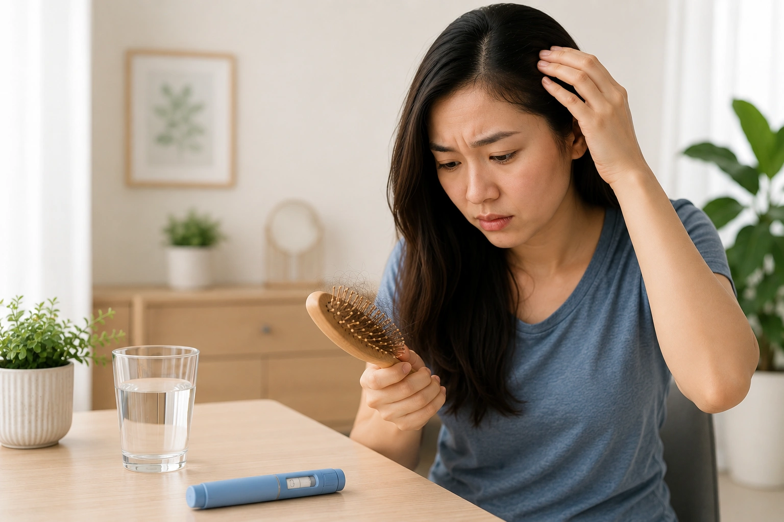 Asian woman concerned about increased hair shedding while holding a hairbrush after using GLP-1 weight loss medication, illustrating temporary hair loss during a medically supervised weight management journey.