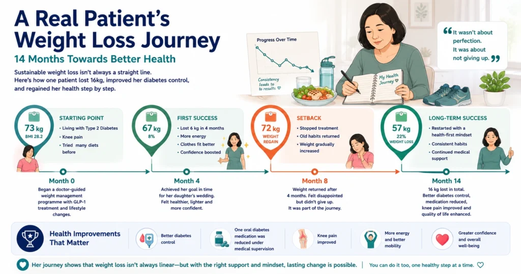 Medical weight management timeline showing a patient's 14-month journey to lose 16 kg through doctor-guided treatment, healthier habits, and long-term lifestyle changes.