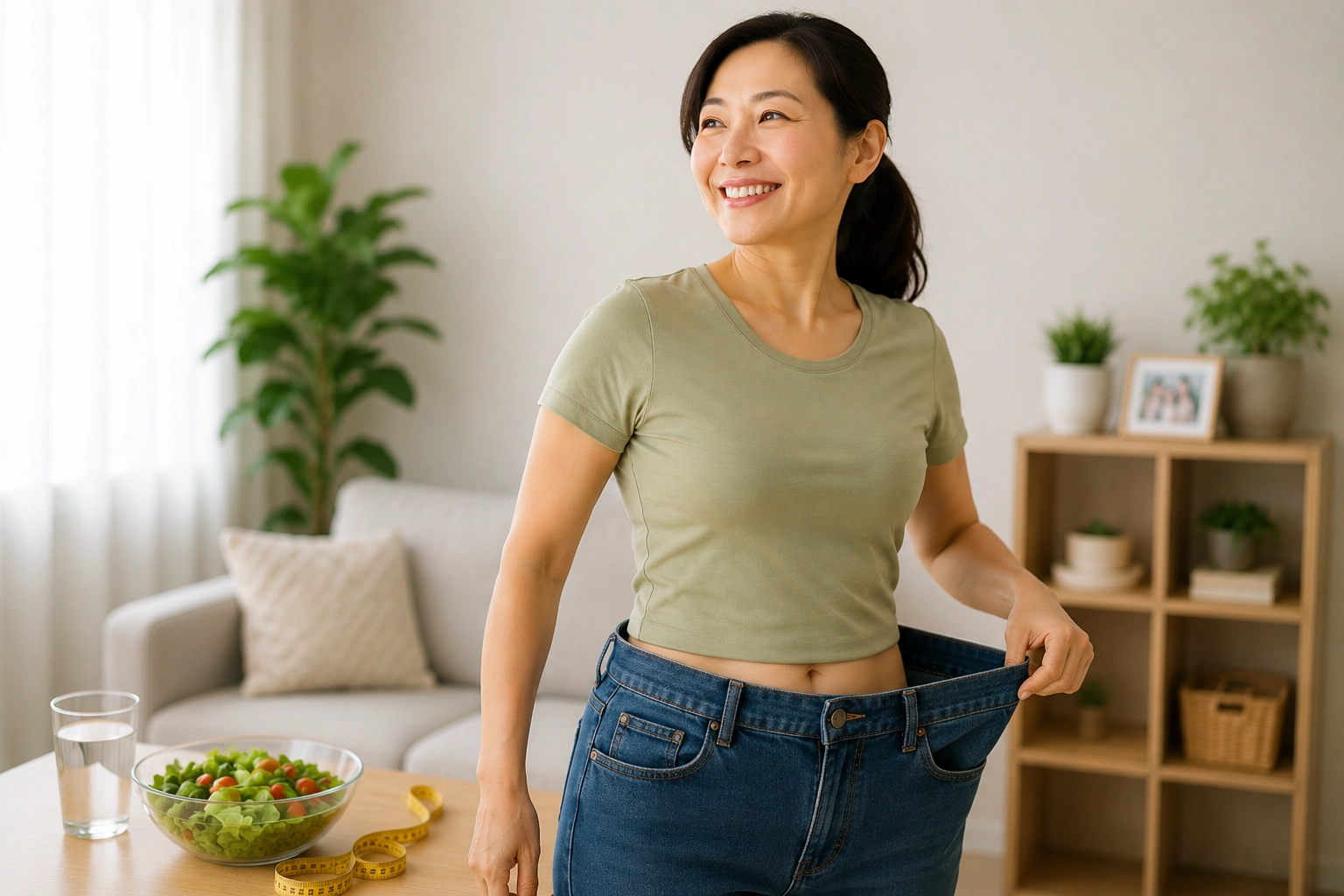 Asian woman showing oversized jeans after successfully losing weight through a doctor-led medical weight management programme.