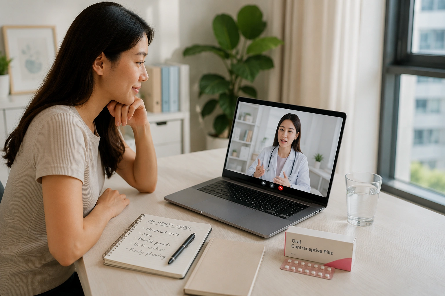Asian woman consulting a licensed doctor about online birth control in Singapore, with contraceptive pills on the table during a telemedicine consultation