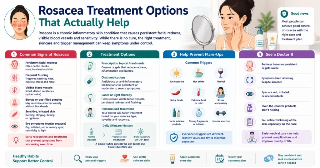 Rosacea treatment infographic covering common symptoms, treatment options, skincare routine, and trigger management for persistent facial redness.