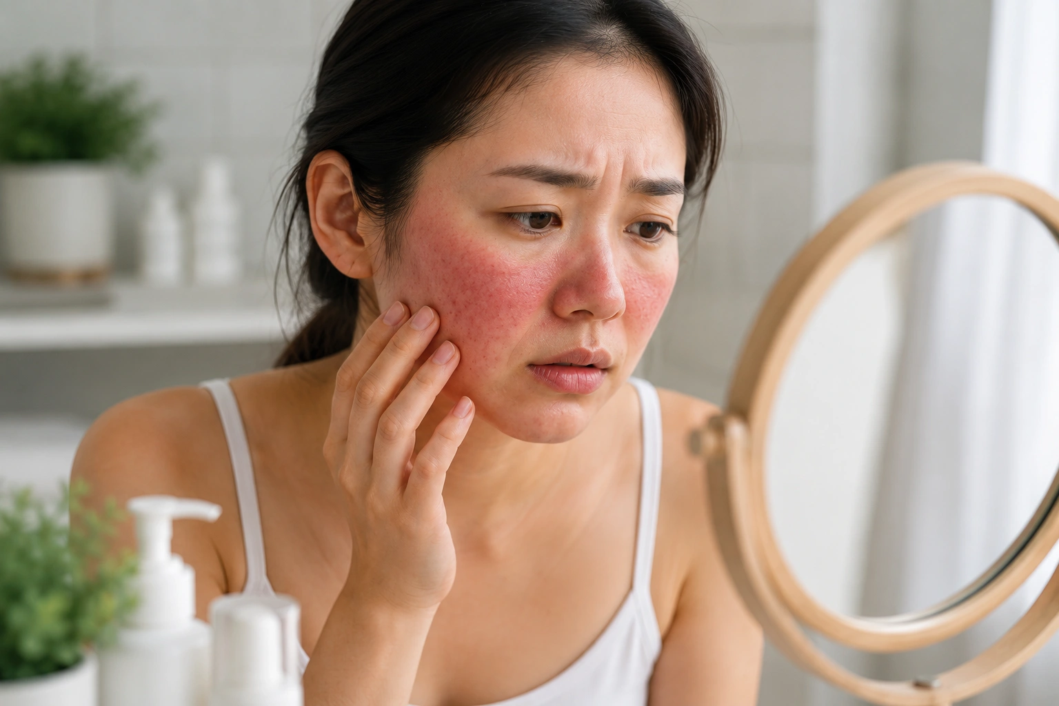 Asian woman checking facial redness and irritation while seeking rosacea treatment through an online doctor consultation in Singapore