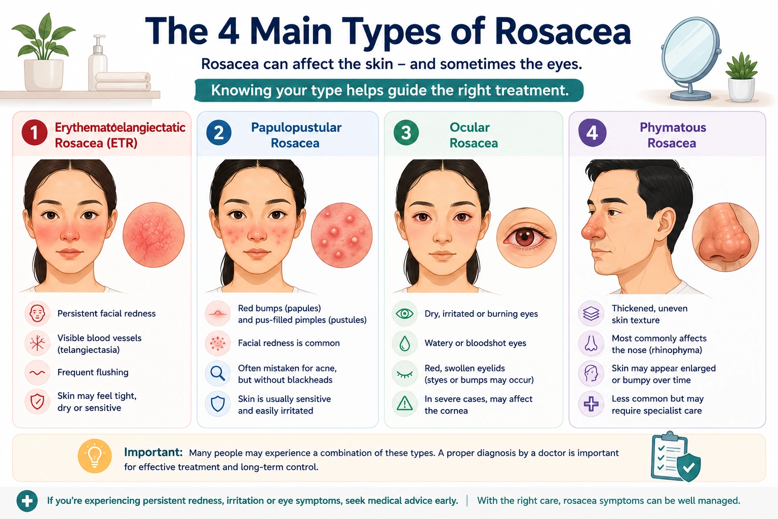 Infographic explaining the four main types of rosacea and their characteristic symptoms, including facial redness, bumps, eye irritation, and skin thickening.
