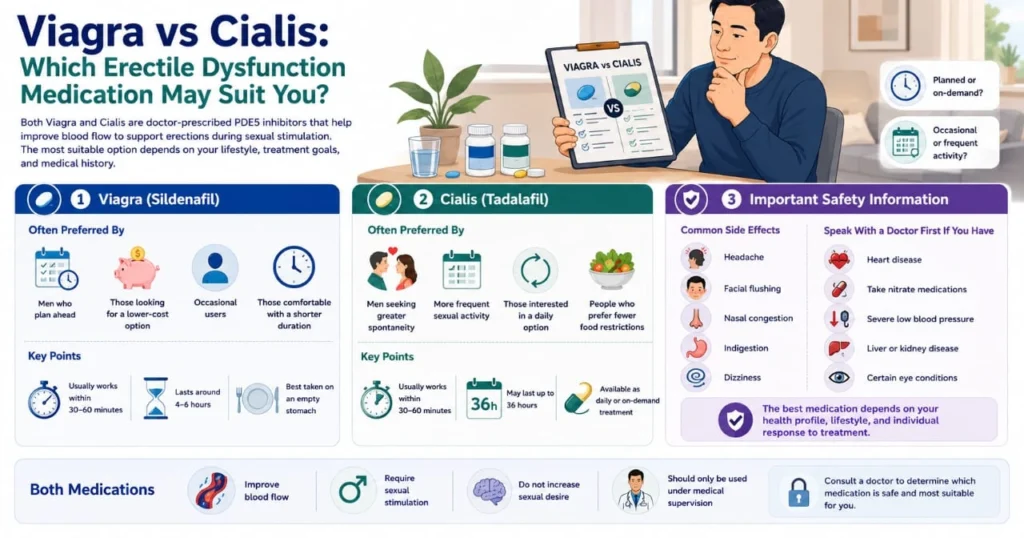 Infographic comparing Viagra and Cialis, highlighting who each medication may suit, key differences, common side effects, and important safety considerations for Erectile Dysfunction Medication.