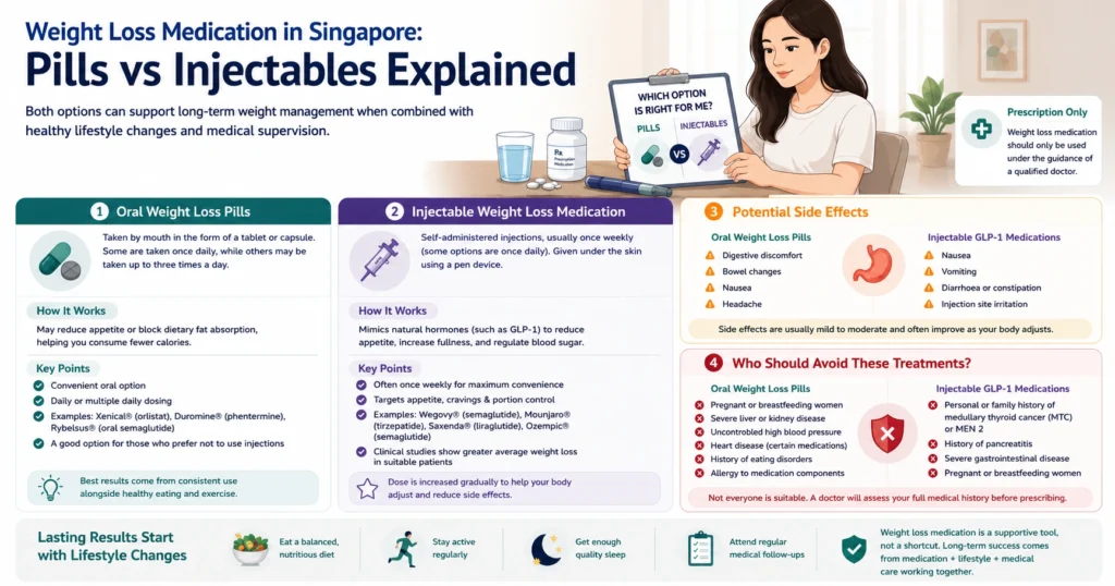 Weight loss medication infographic comparing oral pills and injectable treatments, common side effects, safety considerations, and healthy lifestyle support.