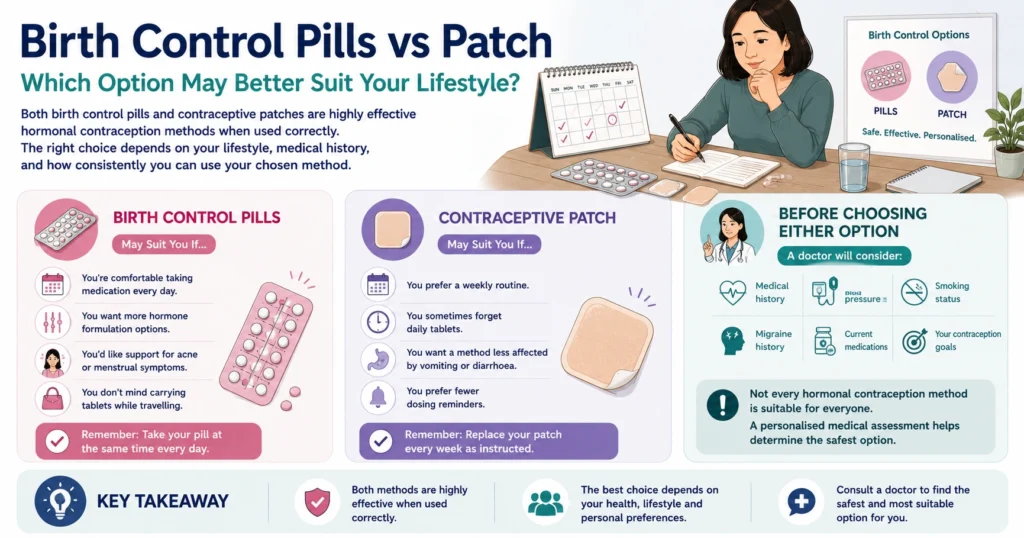 Infographic comparing birth control pills and the contraceptive patch, showing which lifestyle each method may suit and the medical factors doctors assess before prescribing hormonal contraception.