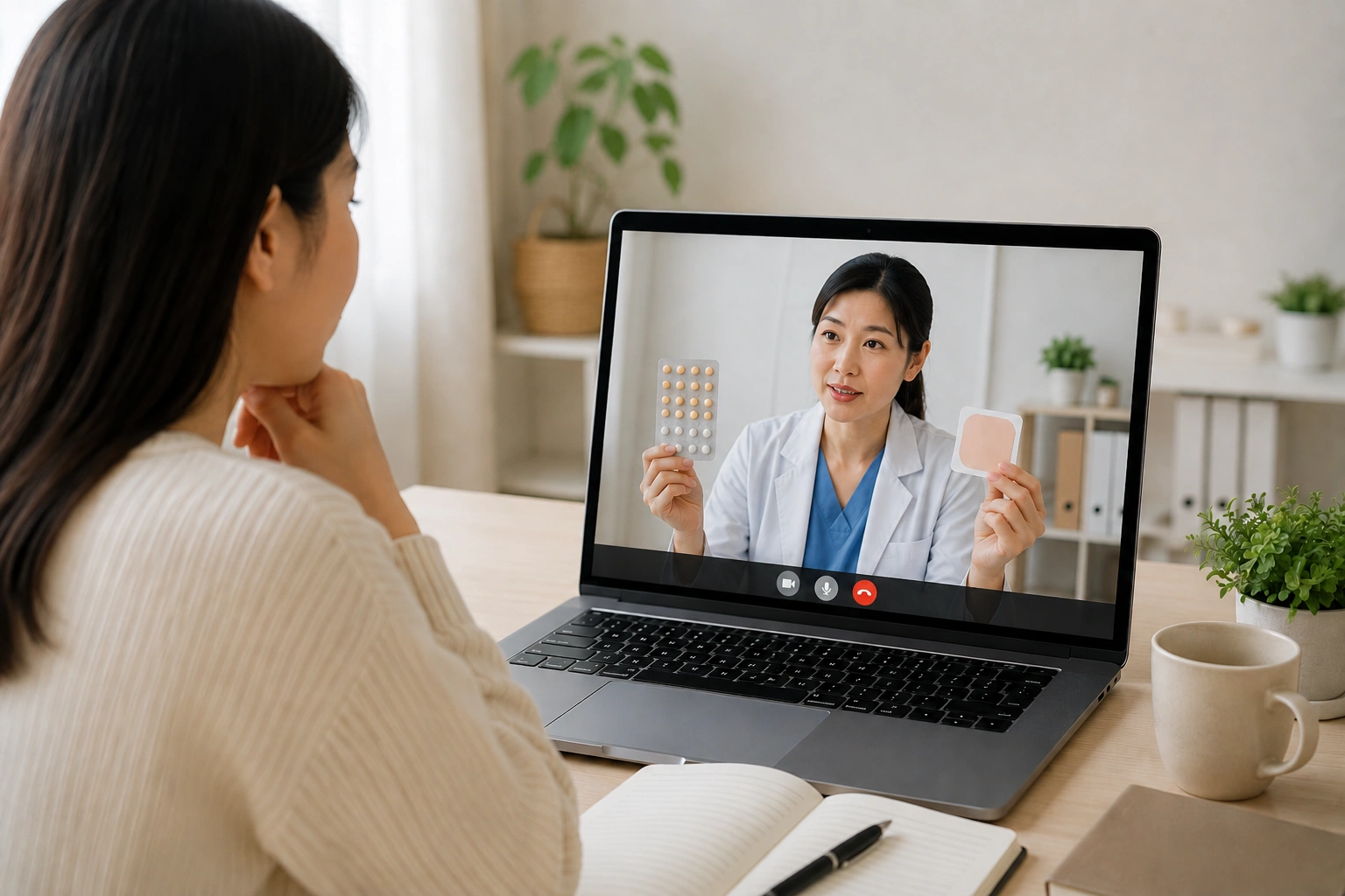 Asian woman attending an online doctor consultation while learning about birth control pills vs contraceptive patch options for contraception in Singapore.