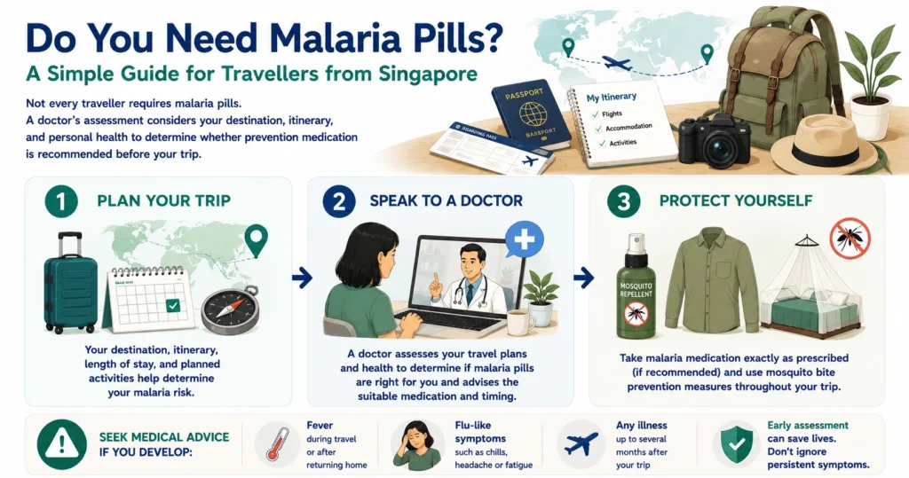 Infographic illustrating how travellers from Singapore can determine whether they need malaria pills, showing the three-step journey of planning a trip, consulting a doctor, and protecting against mosquito bites to reduce the risk of malaria.
