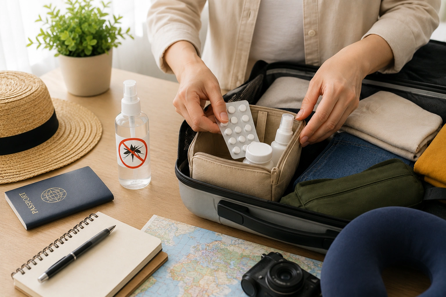 Traveller preparing malaria pills and mosquito repellent before visiting a malaria-risk destination, highlighting malaria pills in Singapore for overseas travel.