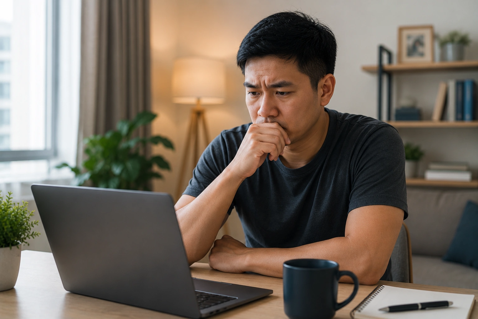 Asian man thoughtfully considering online ed treatment while using a laptop at home.