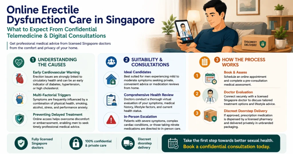 Infographic explaining online ed treatment care in Singapore, including common causes, telemedicine suitability, doctor assessment, and the treatment process.