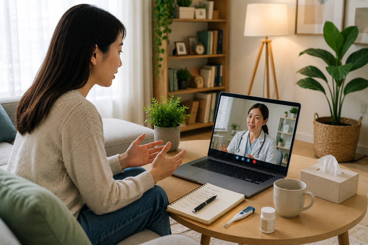 Asian woman having an online teleconsultation with a doctor from home, discussing her symptoms during a virtual healthcare appointment in Singapore.