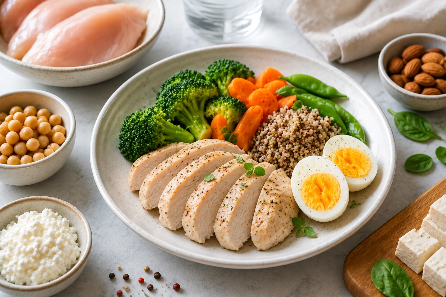 A plate of a high-protein meal with chicken, eggs, broccoli, quinoa and other protein-rich foods supports healthy weight management.