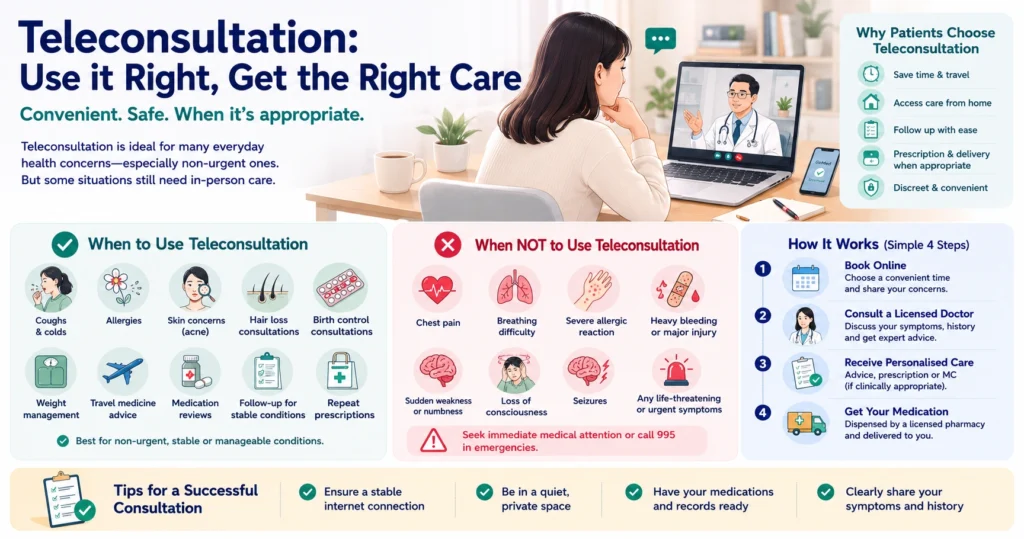 Infographic explaining when to use teleconsultation in Singapore, including suitable non-urgent conditions, situations requiring urgent in-person care, the consultation process, and tips for preparing