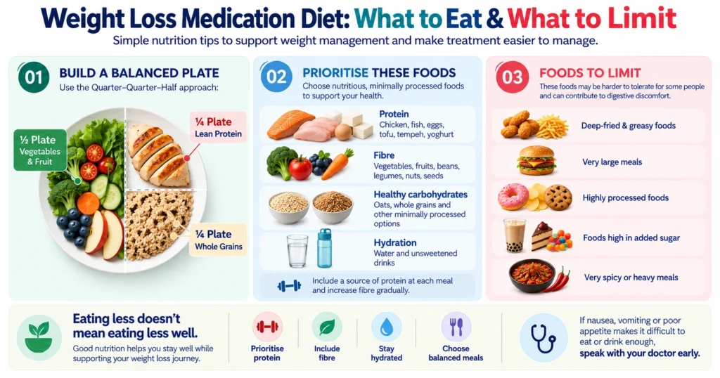 Infographic showing what to eat and limit while taking weight loss medication, including the Quarter-Quarter-Half balanced plate method, protein, fibre, hydration, and foods that may worsen digestive discomfort.